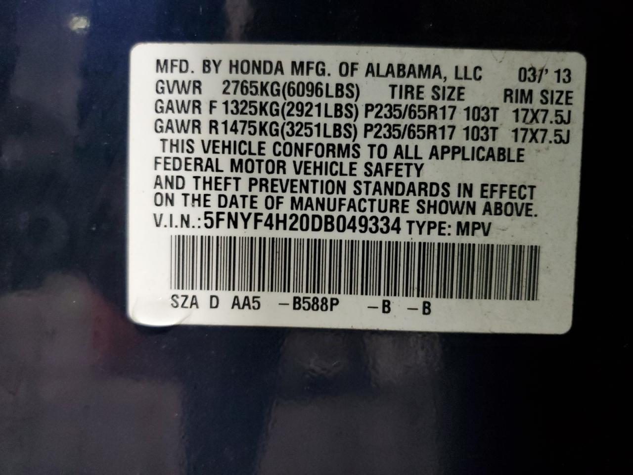 2013 Honda Pilot Lx VIN: 5FNYF4H20DB049334 Lot: 82440785