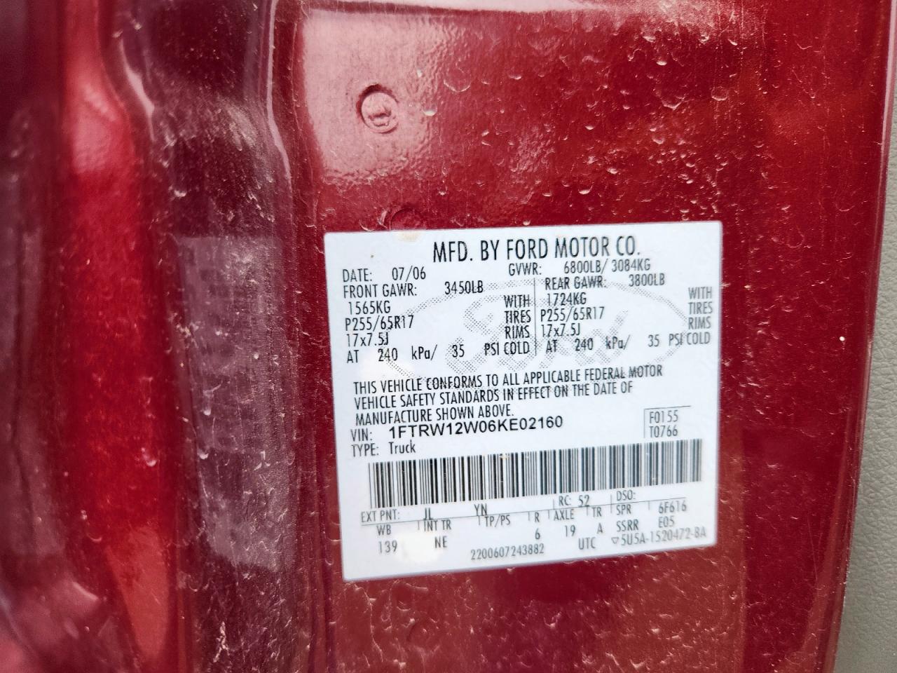 2006 Ford F150 Supercrew VIN: 1FTRW12W06KE02160 Lot: 85725585