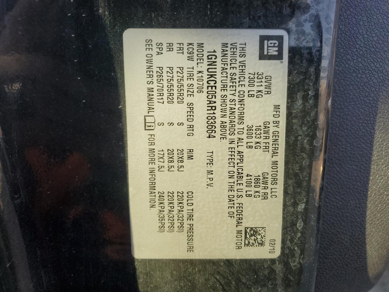 2010 Chevrolet Tahoe K1500 Ltz VIN: 1GNUKCE05AR183664 Lot: 84635845