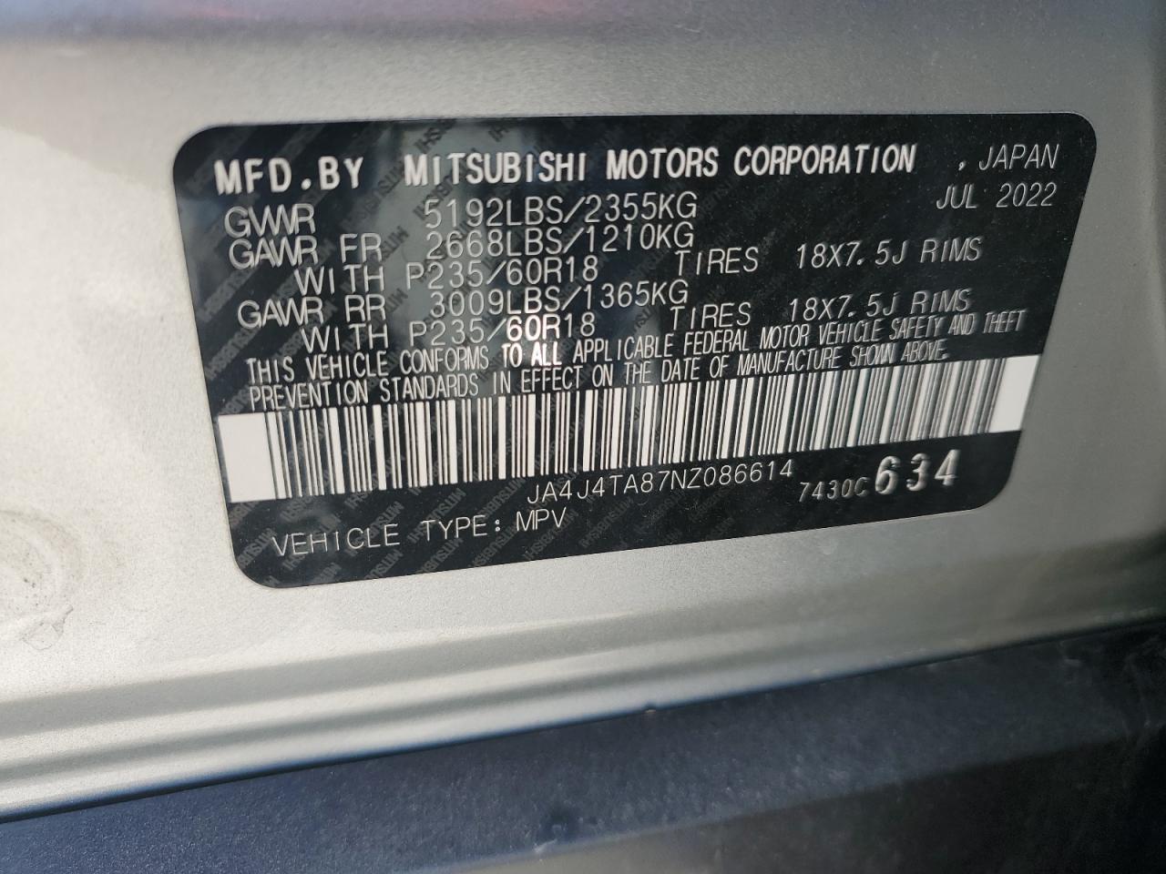 2022 Mitsubishi Outlander Es VIN: JA4J4TA87NZ086614 Lot: 85758065