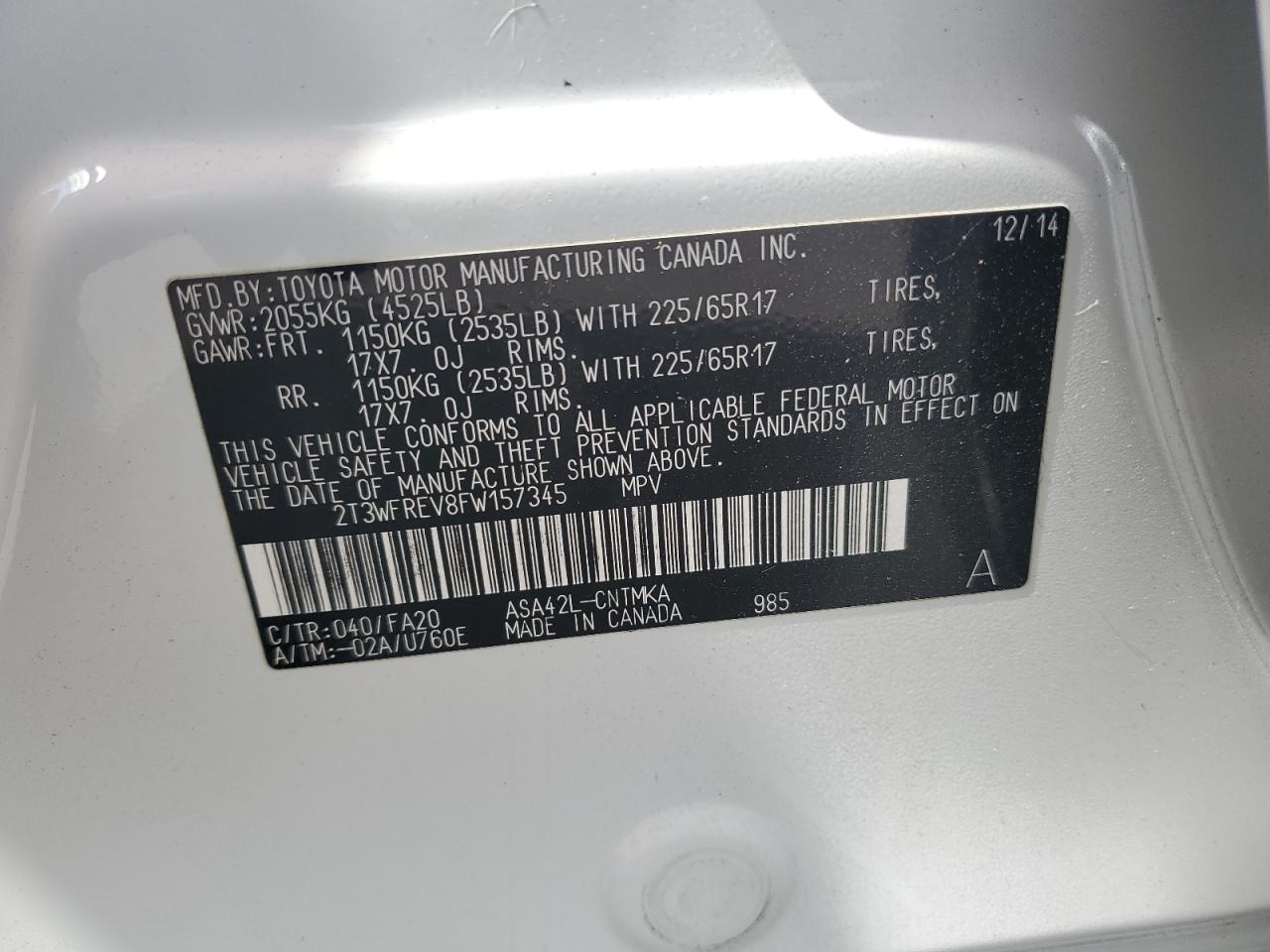 2015 Toyota Rav4 Xle VIN: 2T3WFREV8FW157345 Lot: 84869565