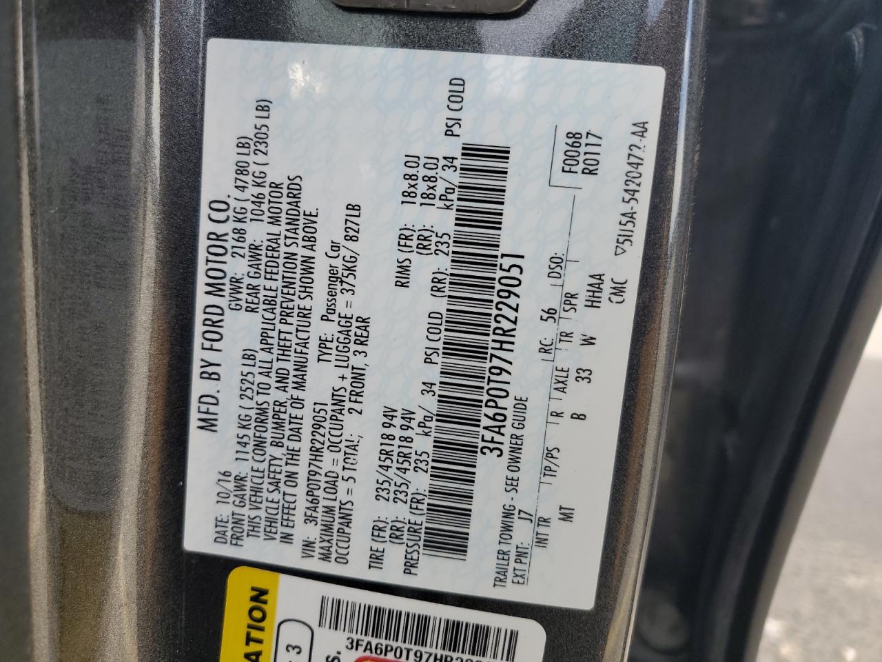 2017 Ford Fusion Se VIN: 3FA6P0T97HR229051 Lot: 82175365