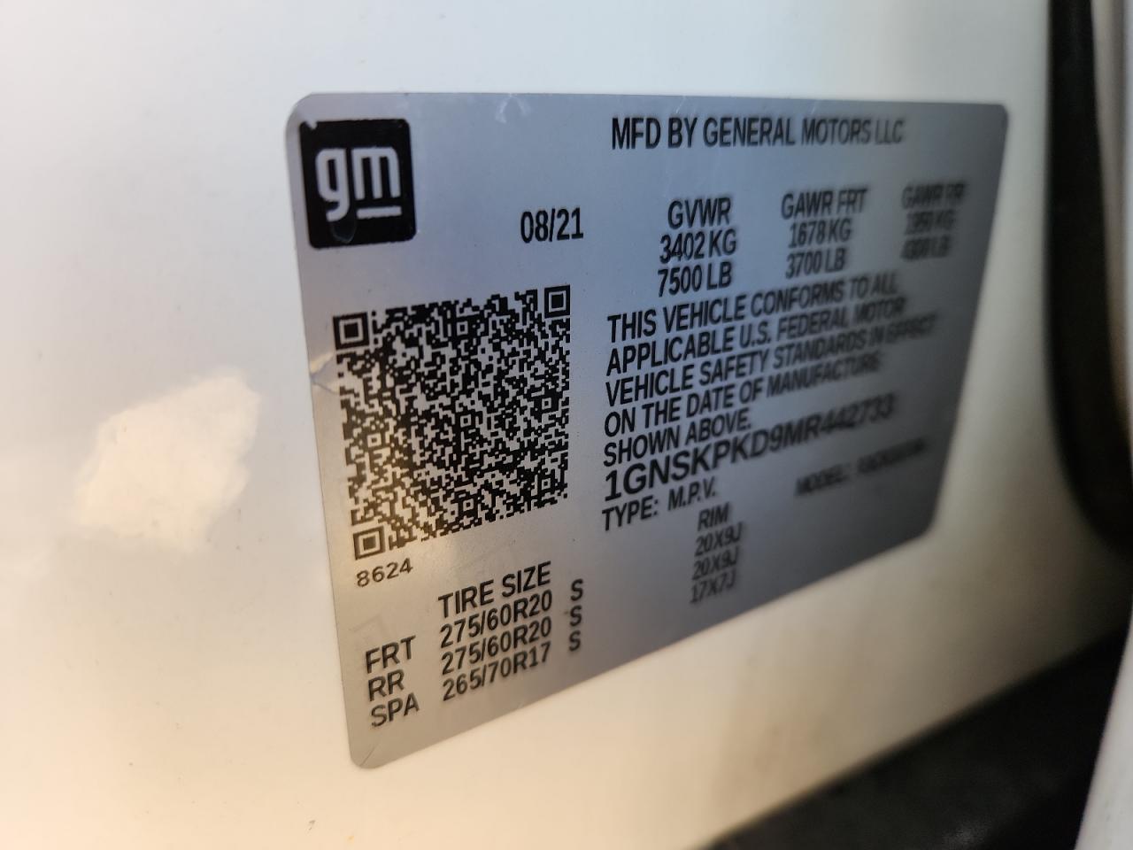 2021 Chevrolet Tahoe K1500 Z71 VIN: 1GNSKPKD9MR442733 Lot: 86156795