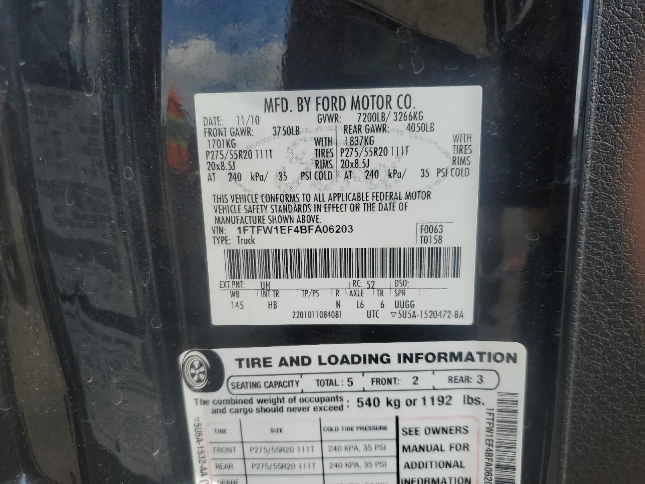 2011 Ford F150 Supercrew VIN: 1FTFW1EF4BFA06203 Lot: 82325605