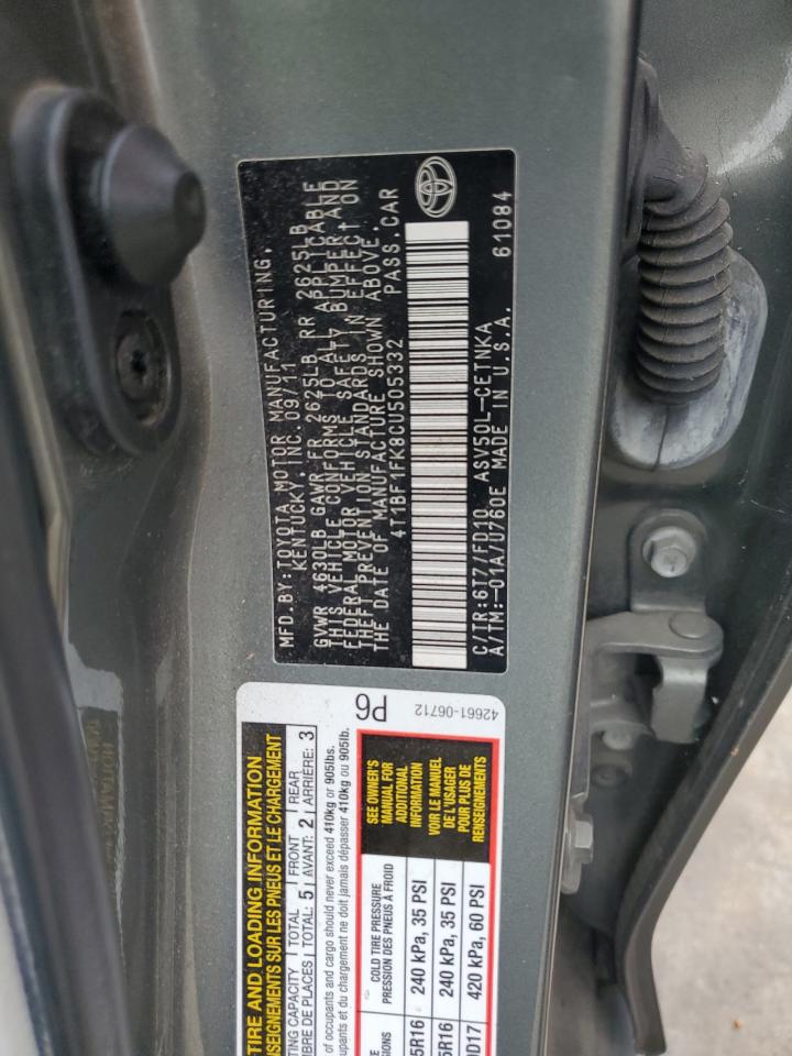 2012 Toyota Camry Base VIN: 4T1BF1FK8CU505332 Lot: 82221265