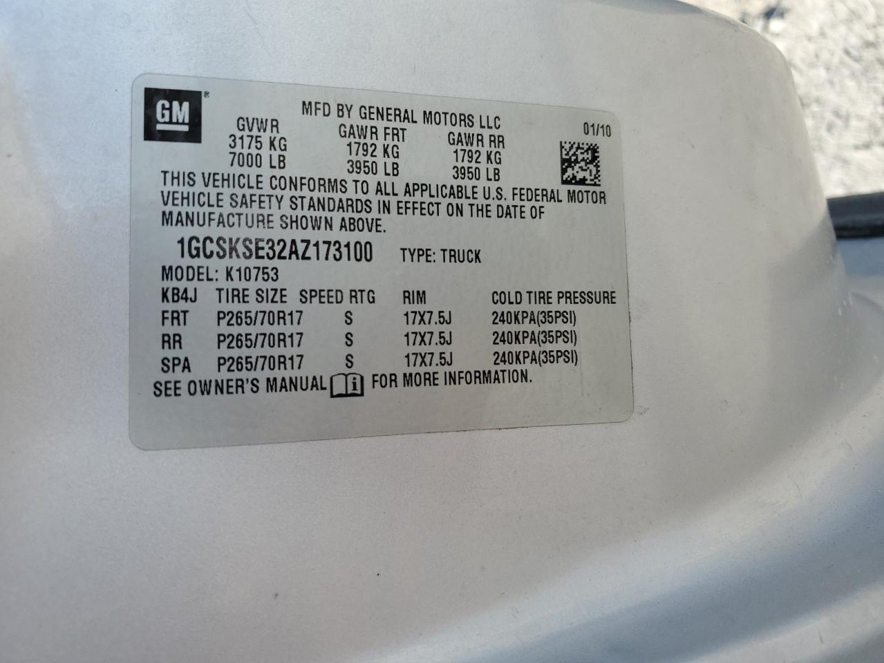 2010 Chevrolet Silverado K1500 Lt VIN: 1GCSKSE32AZ173100 Lot: 84477555