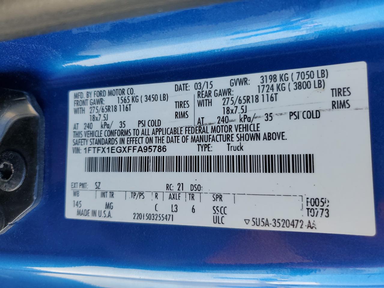 2015 Ford F150 Super Cab VIN: 1FTFX1EGXFFA95786 Lot: 85154245