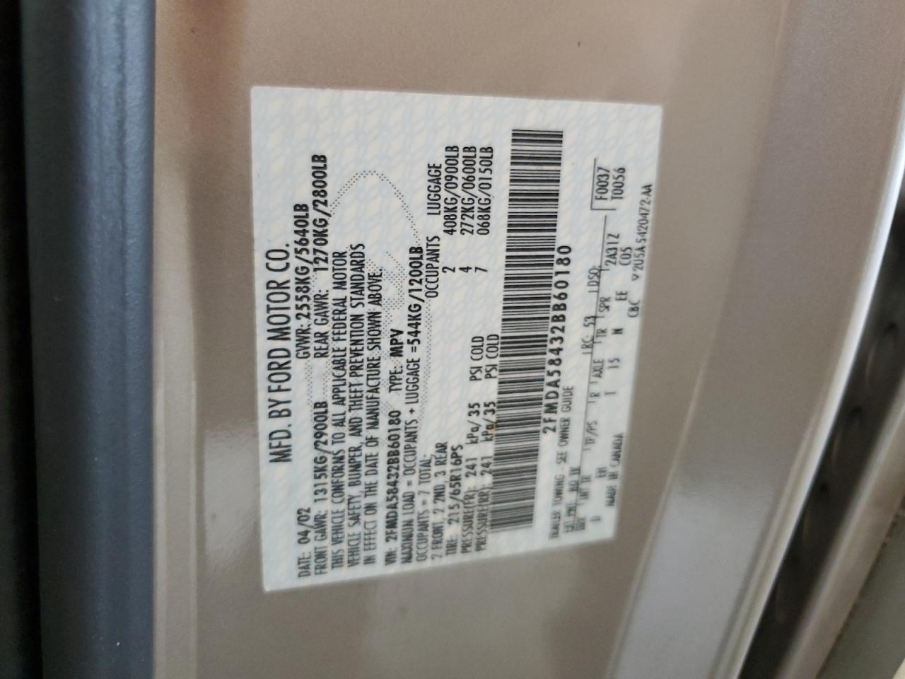 2002 Ford Windstar Limited VIN: 2FMDA58432BB60180 Lot: 85152455