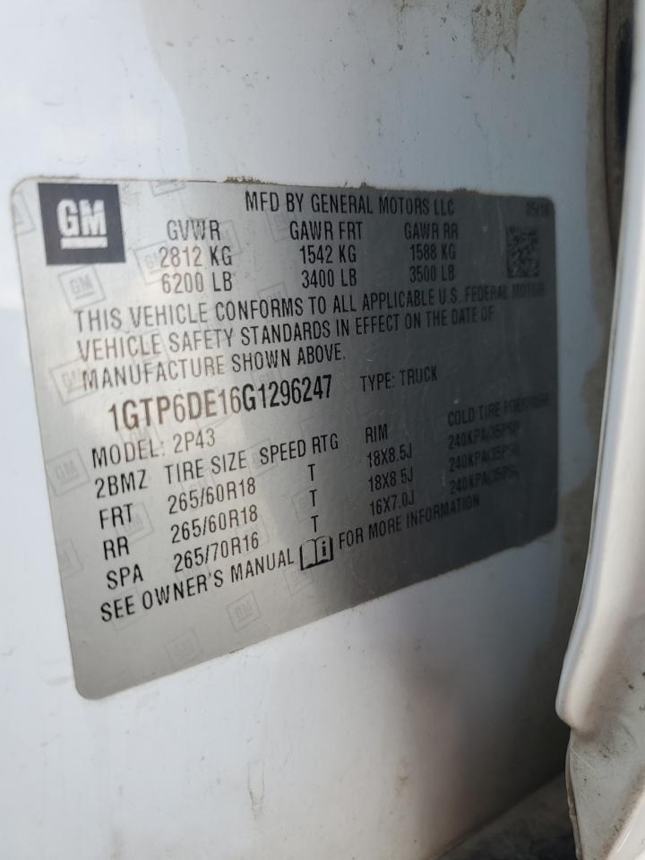 2016 GMC Canyon Slt VIN: 1GTP6DE16G1296247 Lot: 84481985
