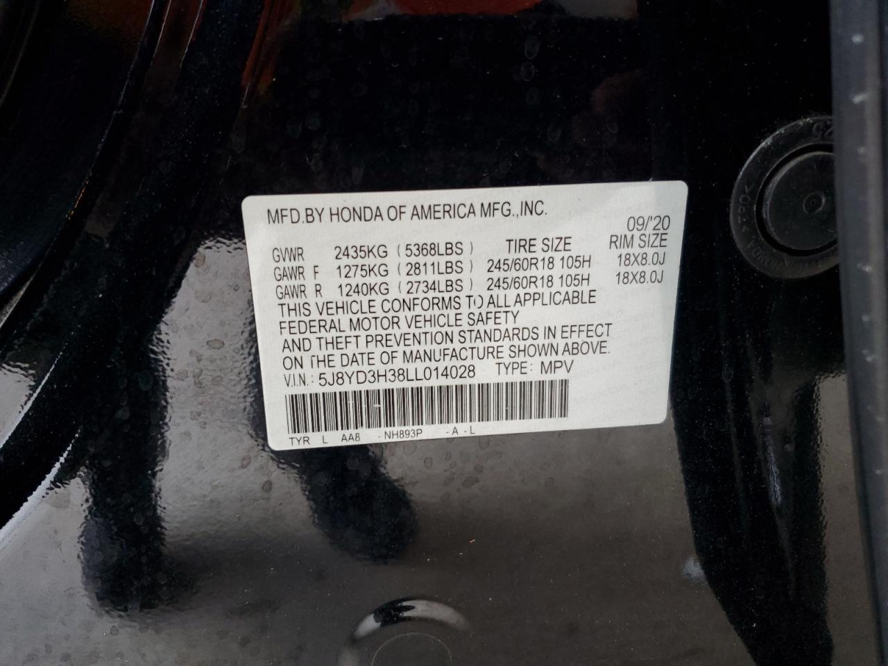 2020 Acura Mdx VIN: 5J8YD3H38LL014028 Lot: 86105685