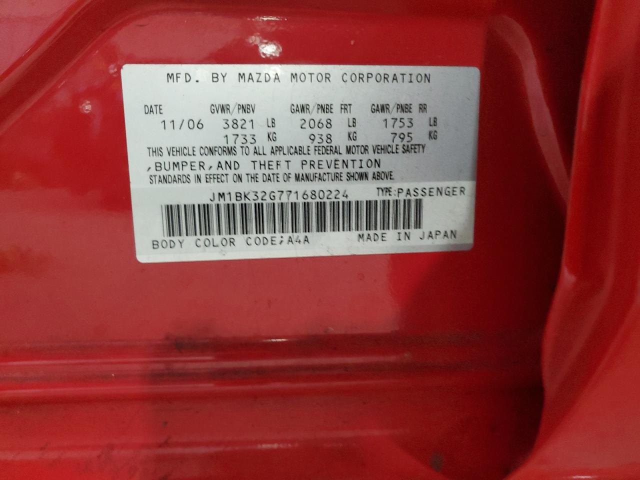 2007 Mazda 3 I VIN: JM1BK32G771680224 Lot: 90223835