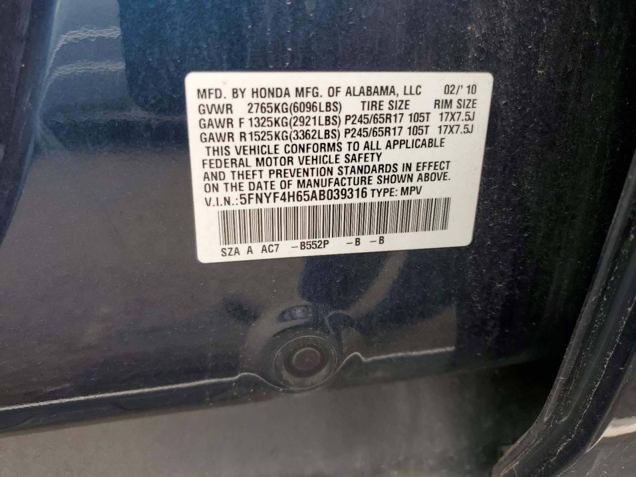 2010 Honda Pilot Exl VIN: 5FNYF4H65AB039316 Lot: 82181895