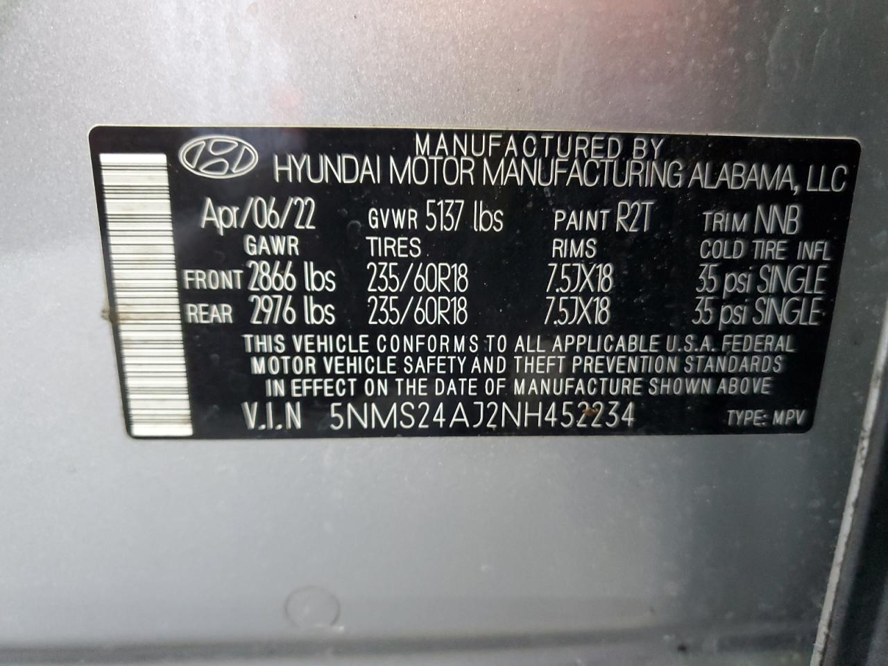 2022 Hyundai Santa Fe Sel VIN: 5NMS24AJ2NH452234 Lot: 86816475