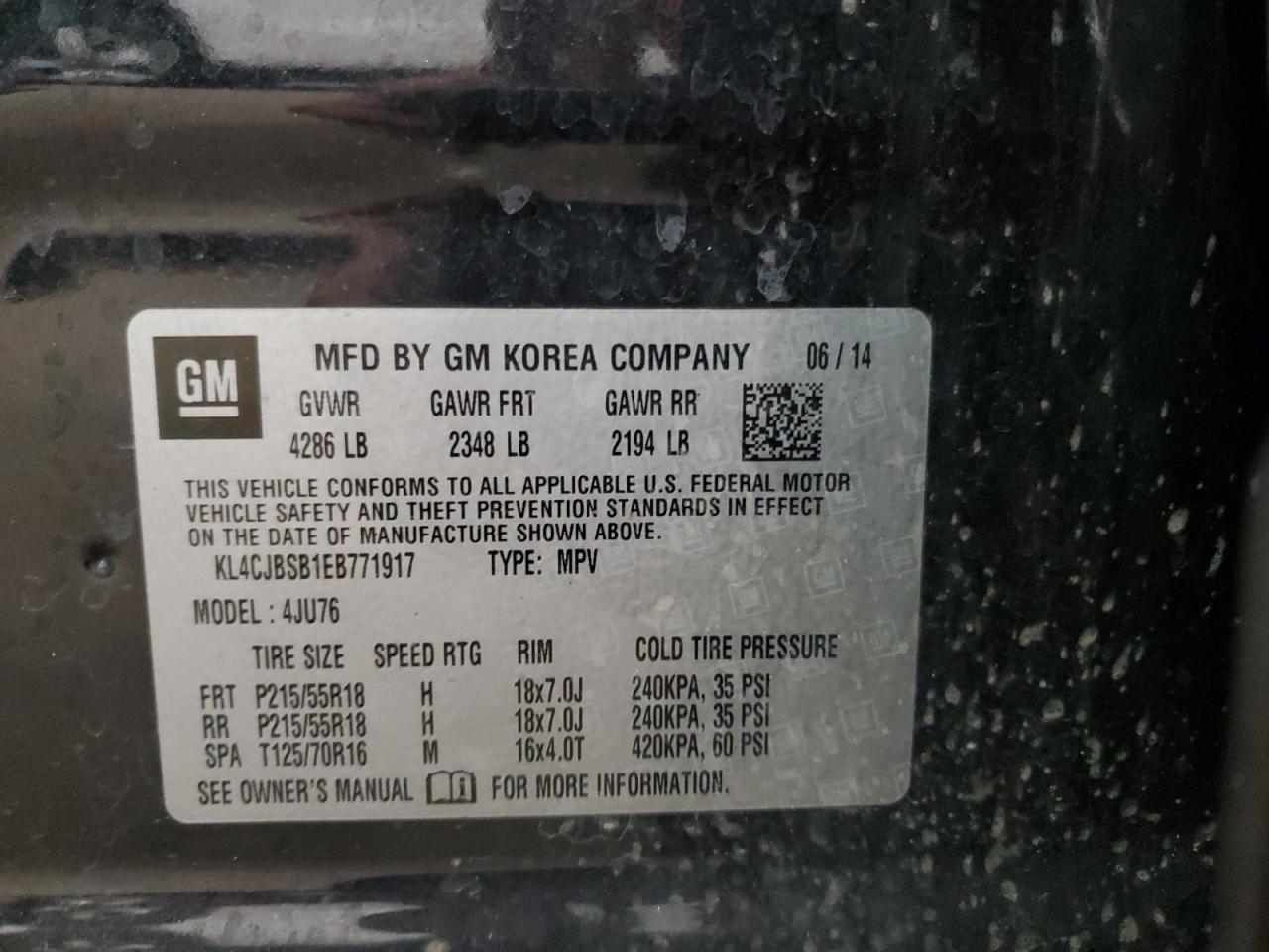 2014 Buick Encore Convenience VIN: KL4CJBSB1EB771917 Lot: 84895895