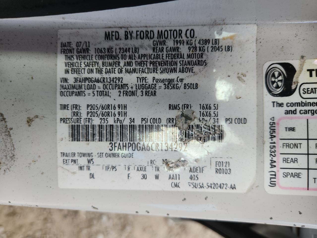 2012 Ford Fusion S VIN: 3FAHP0GA6CR134292 Lot: 84928035