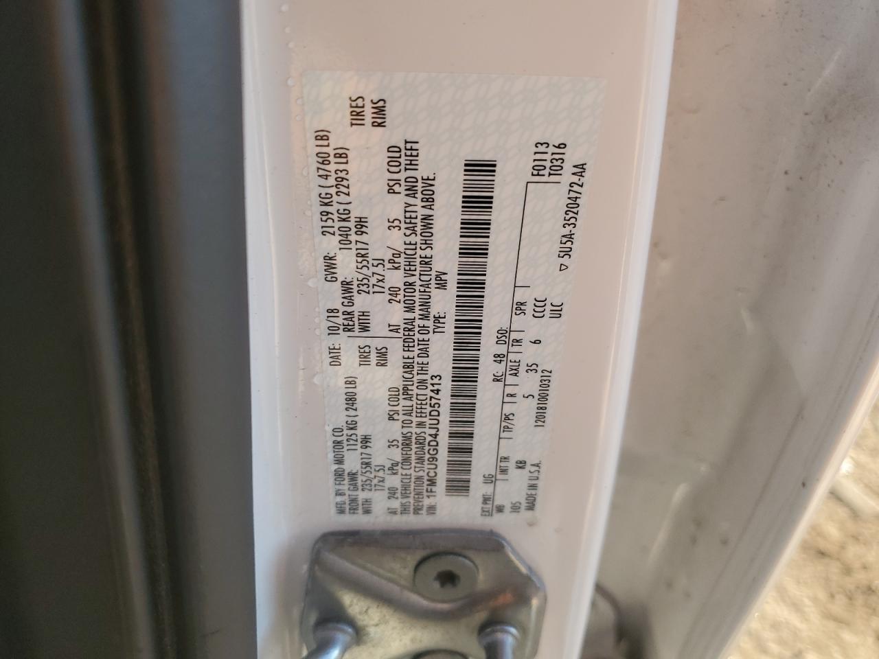 2018 Ford Escape Se VIN: 1FMCU9GD4JUD57413 Lot: 85937505