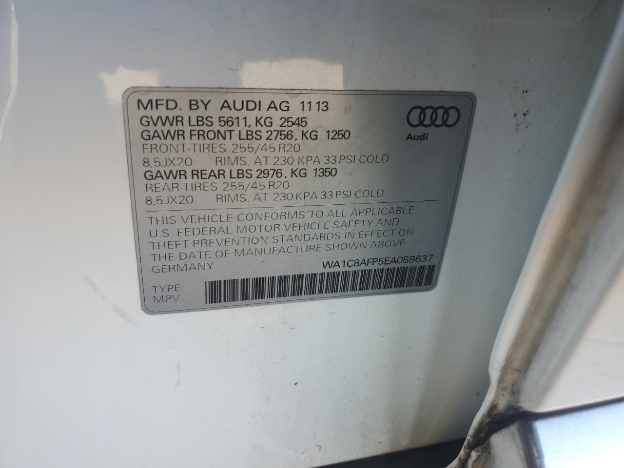 2014 Audi Q5 Premium Hybrid VIN: WA1C8AFP5EA059637 Lot: 84731435