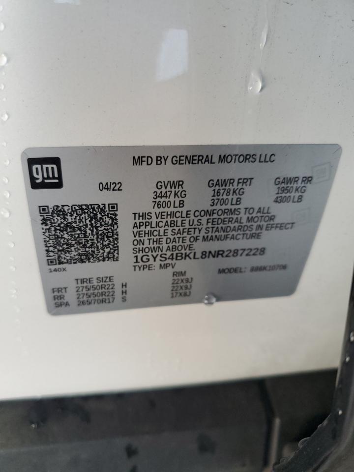 2022 Cadillac Escalade Premium Luxury VIN: 1GYS4BKL8NR287228 Lot: 87372045