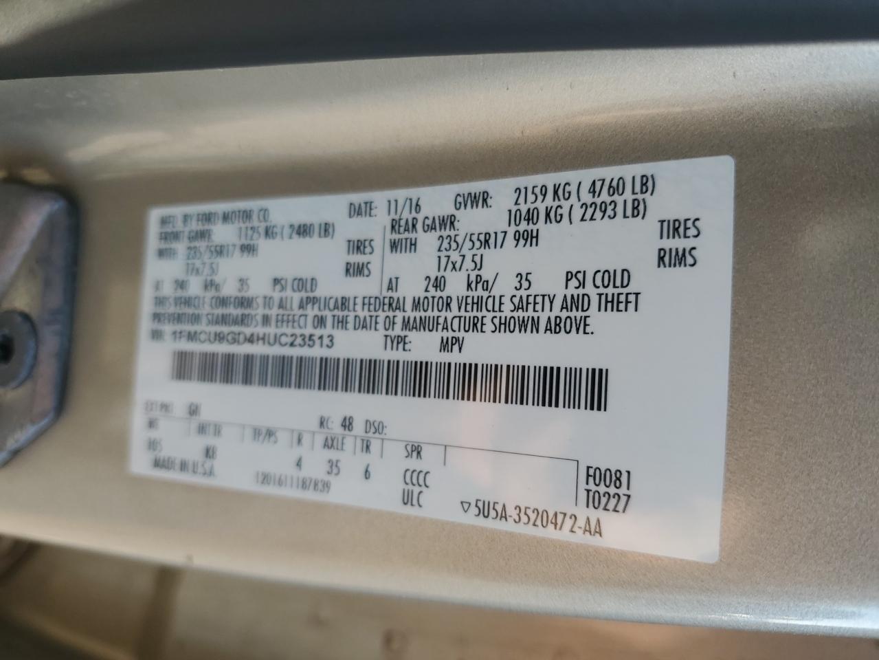 2017 Ford Escape Se VIN: 1FMCU9GD4HUC23513 Lot: 87260865