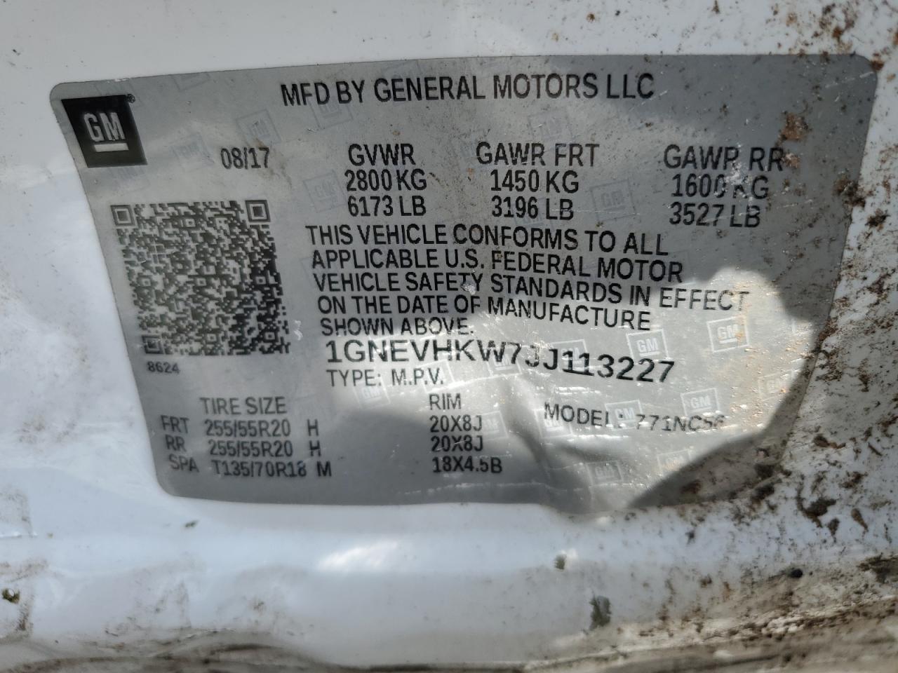 2018 Chevrolet Traverse Lt VIN: 1GNEVHKW7JJ113227 Lot: 85855335