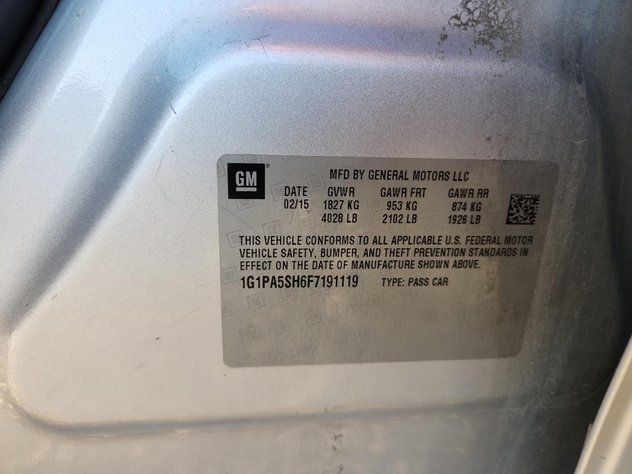 2015 Chevrolet Cruze Ls VIN: 1G1PA5SH6F7191119 Lot: 82159865