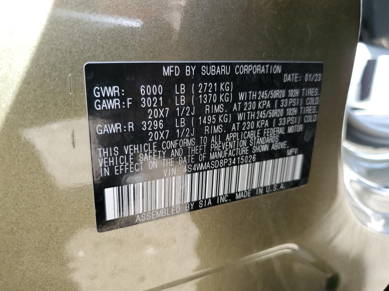 2023 Subaru Ascent Limited VIN: 4S4WMASD8P3415026 Lot: 85112515