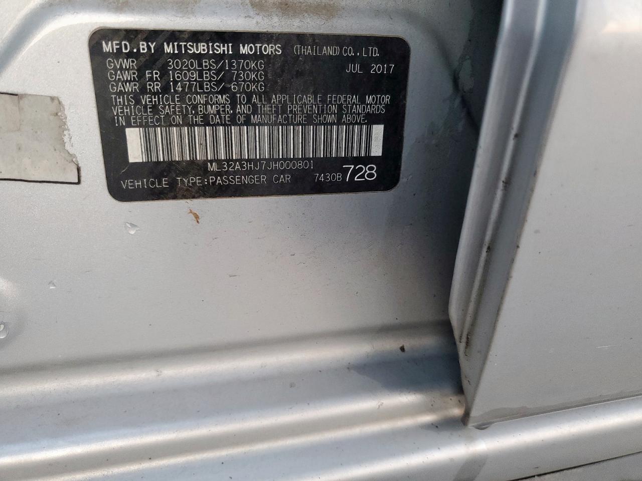 2018 Mitsubishi Mirage Es VIN: ML32A3HJ7JH000801 Lot: 86508605