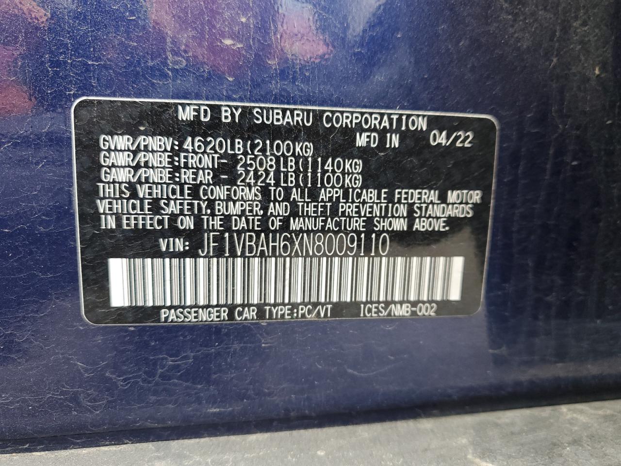 2022 Subaru Wrx Premium VIN: JF1VBAH6XN8009110 Lot: 81845535