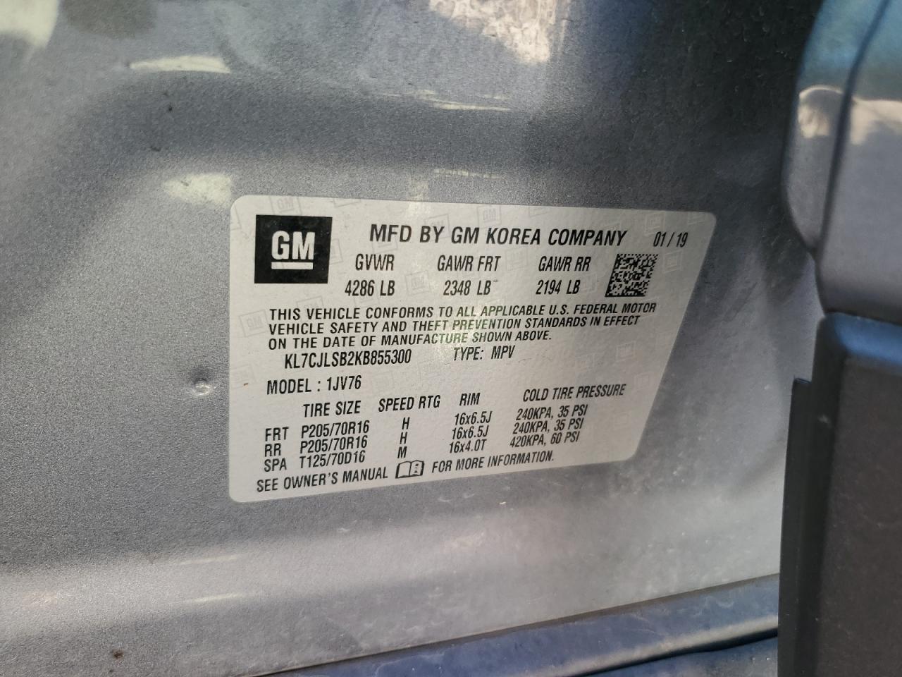 2019 Chevrolet Trax 1Lt VIN: KL7CJLSB2KB855300 Lot: 84278935