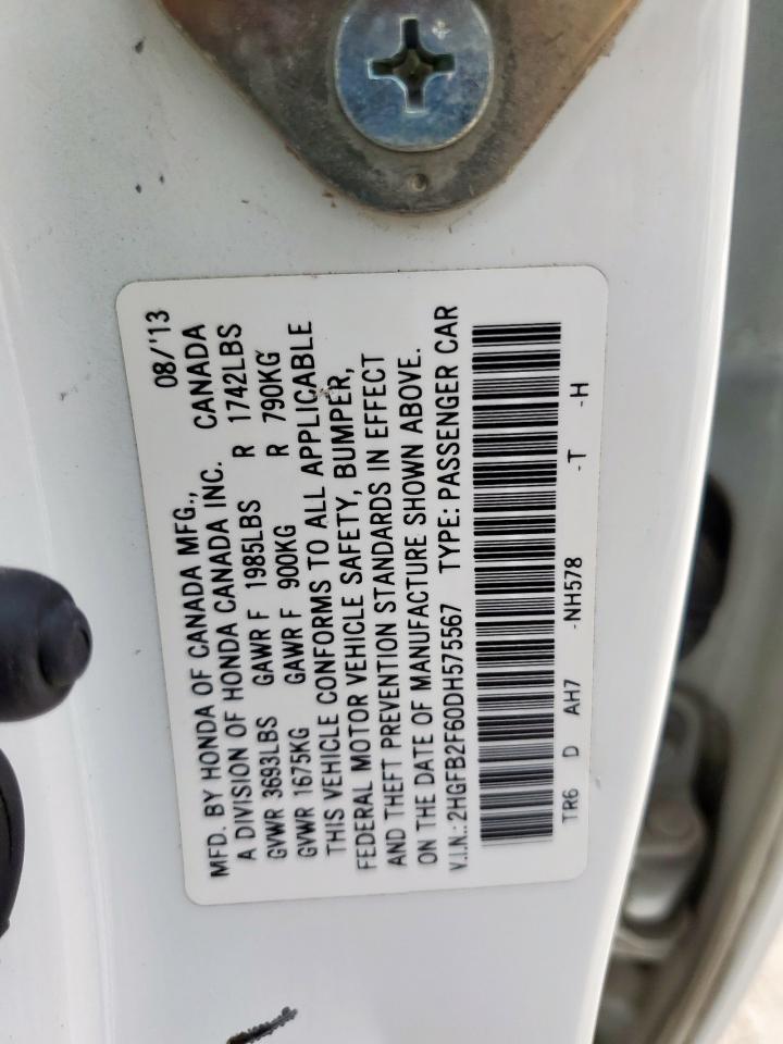 2013 Honda Civic Hf VIN: 2HGFB2F60DH575567 Lot: 82381905