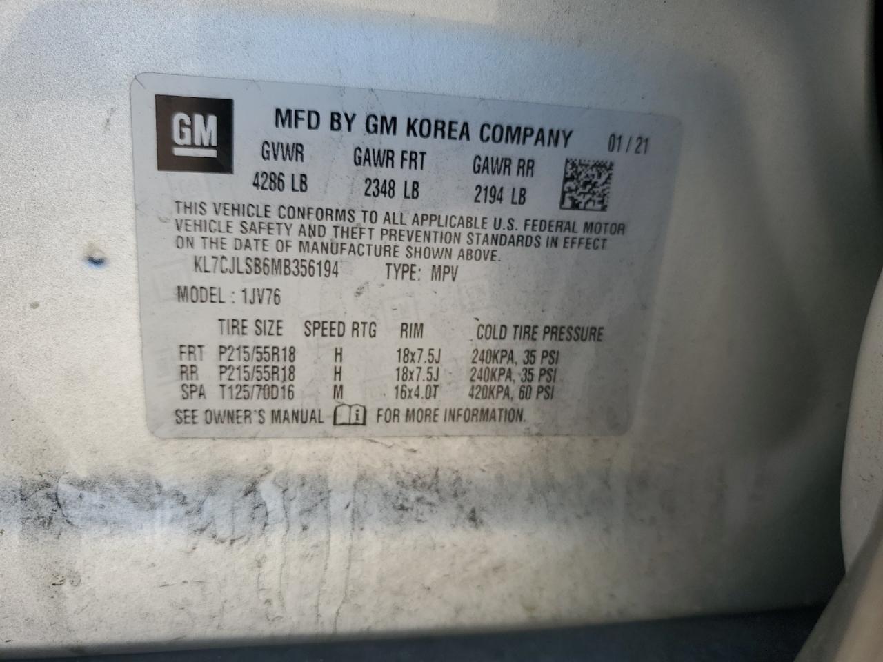 2021 Chevrolet Trax 1Lt VIN: KL7CJLSB6MB356194 Lot: 86686265