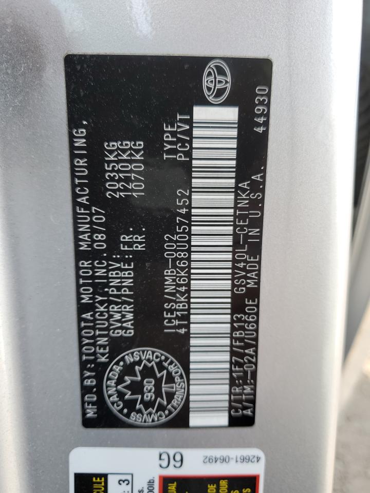 2008 Toyota Camry Le VIN: 4T1BK46K68U057452 Lot: 84745325