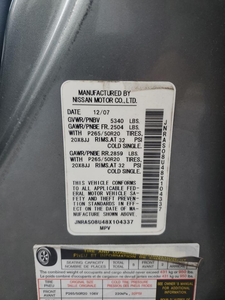 2008 Infiniti Fx35 VIN: JNRAS08U48X104337 Lot: 89713035