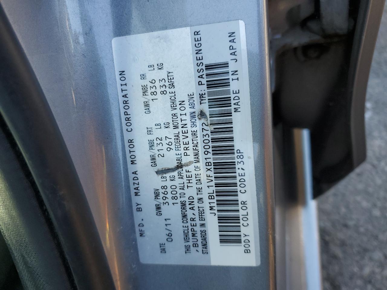 2011 Mazda 3 I VIN: JM1BL1VFXB1900372 Lot: 86704315