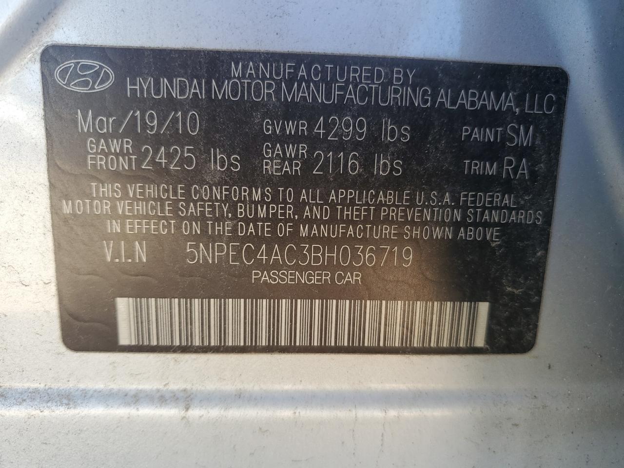 2011 Hyundai Sonata Se VIN: 5NPEC4AC3BH036719 Lot: 85482125