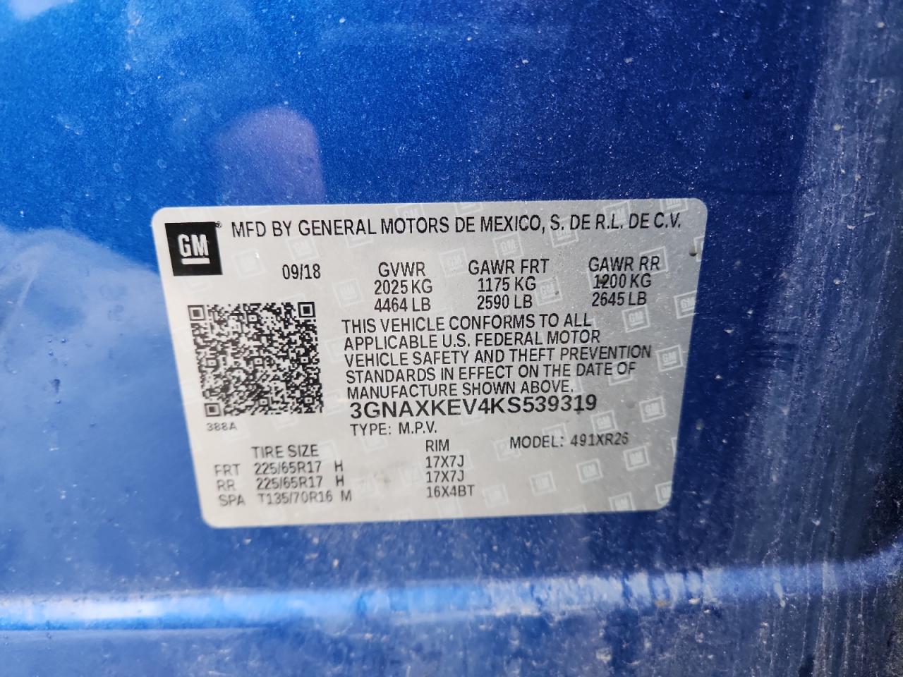 2019 Chevrolet Equinox Lt VIN: 3GNAXKEV4KS539319 Lot: 82246905