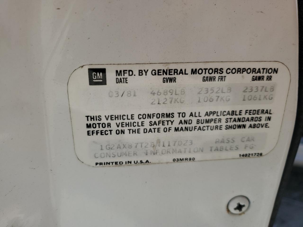 1981 Pontiac Firebird Se VIN: 1G2AX87T2BN117023 Lot: 86327655