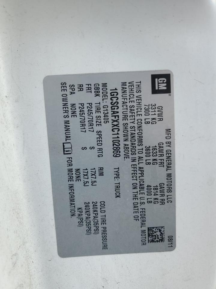 2012 Chevrolet Express G1500 VIN: 1GCSGAFXXC1102869 Lot: 82216625