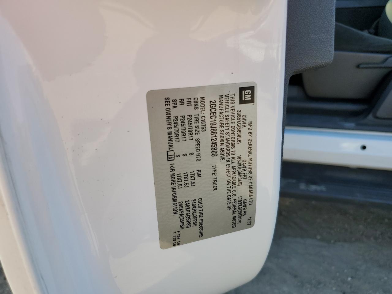 2008 Chevrolet Silverado C1500 VIN: 2GCEC19J881245806 Lot: 85255485