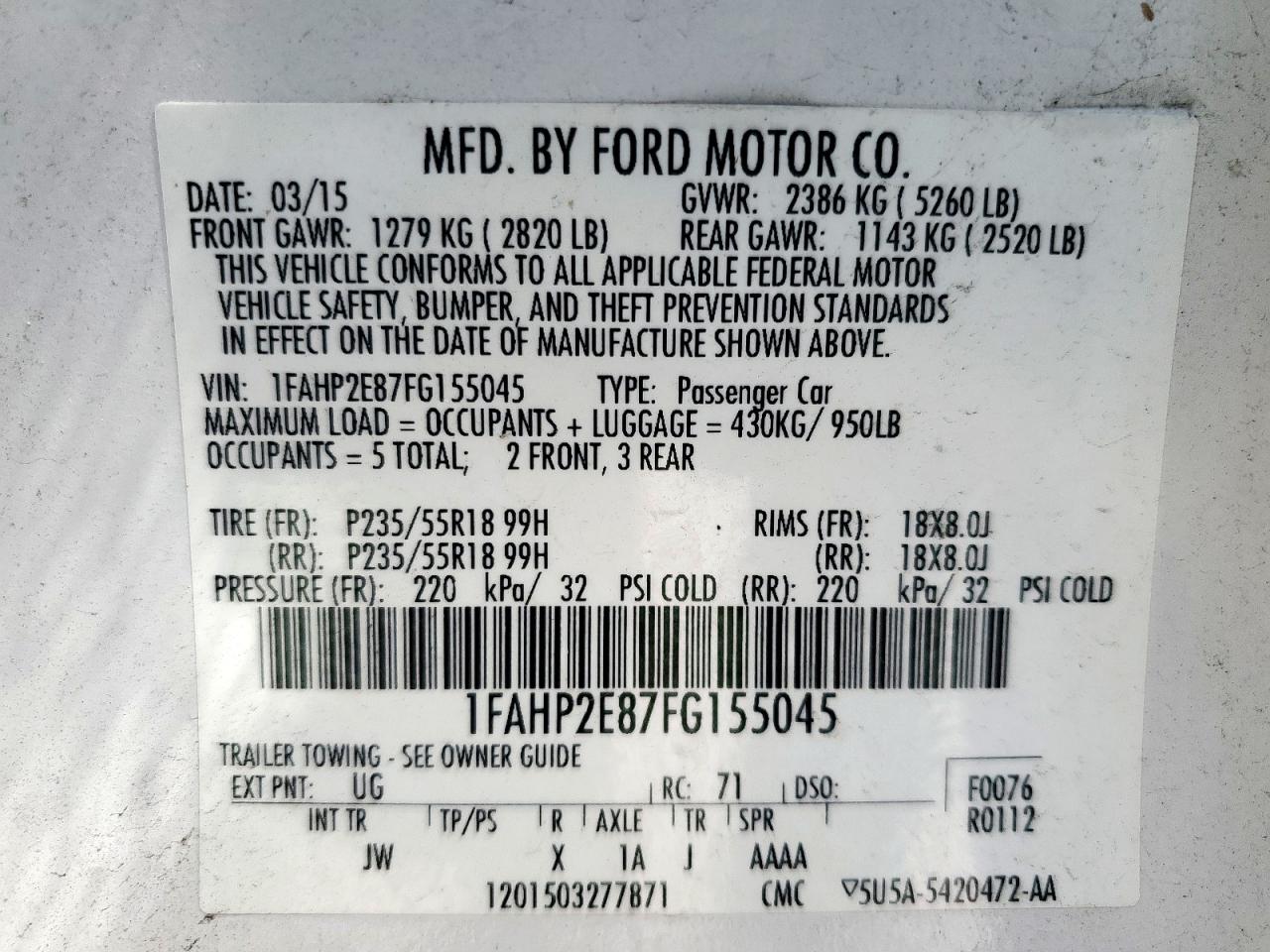 2015 Ford Taurus Sel VIN: 1FAHP2E87FG155045 Lot: 85388725