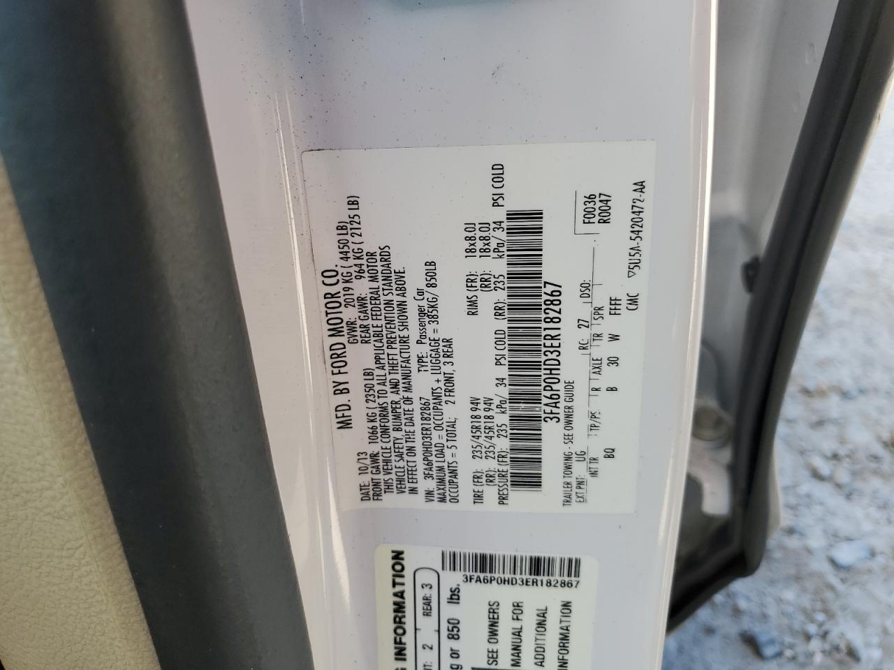 2014 Ford Fusion Se VIN: 3FA6P0HD3ER182867 Lot: 81959645