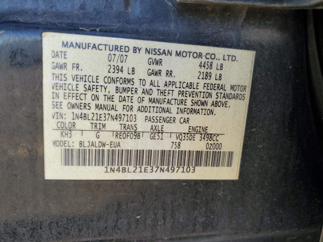 2007 Nissan Altima 3.5Se VIN: 1N4BL21E37N497103 Lot: 89859095