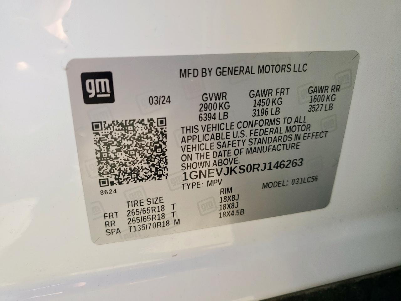 2024 Chevrolet Traverse Lt Z71 VIN: 1GNEVJKS0RJ146263 Lot: 85324175