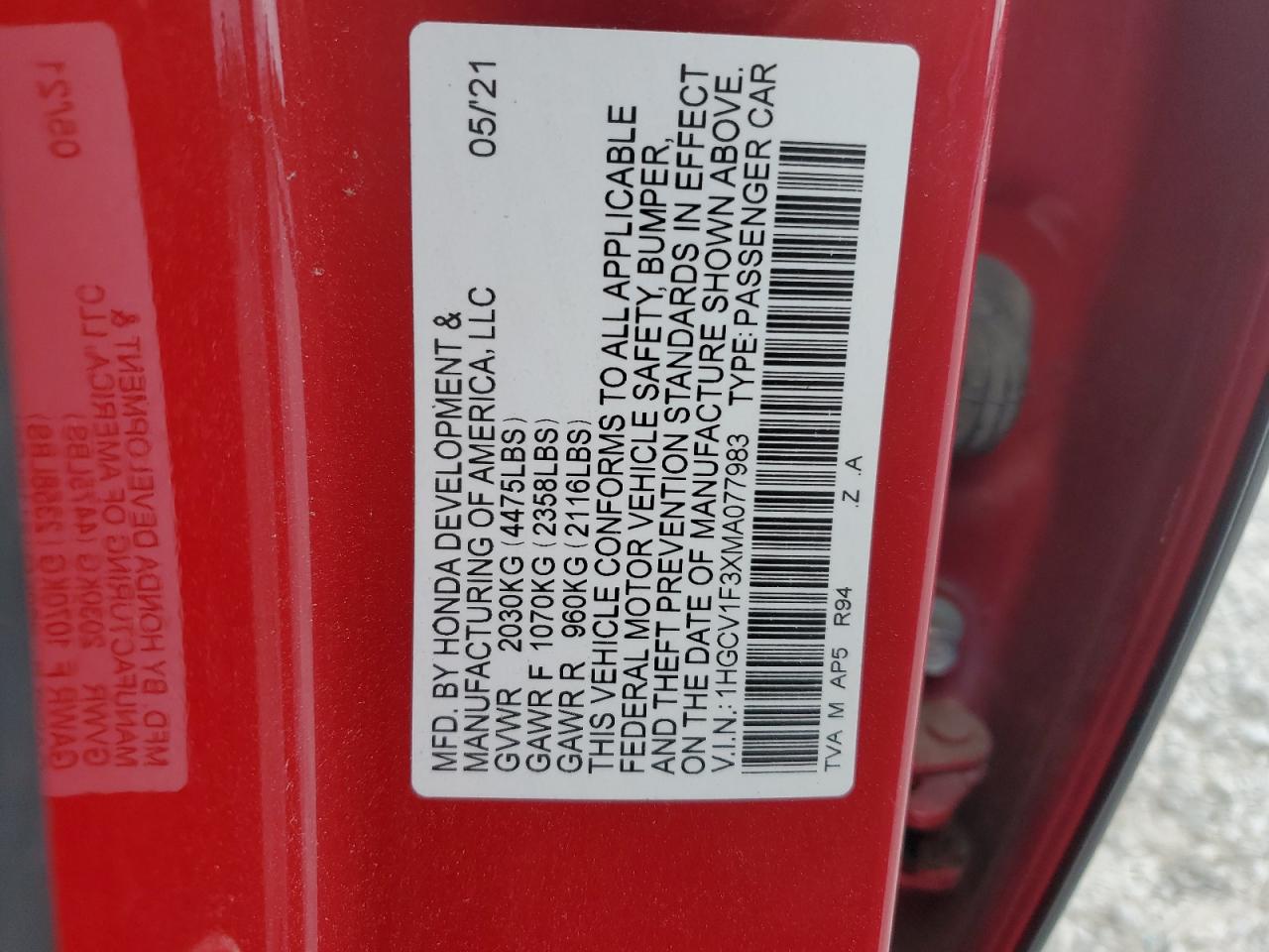 2021 Honda Accord Sport VIN: 1HGCV1F3XMA077983 Lot: 82319245