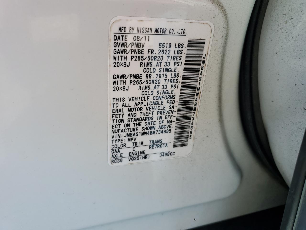 2011 Infiniti Fx35 VIN: JN8AS1MW4BM734885 Lot: 85901495