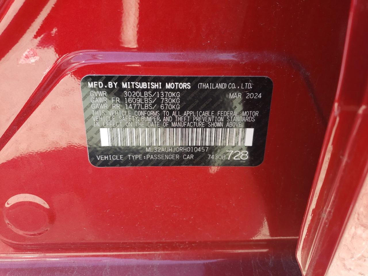 2024 Mitsubishi Mirage Es VIN: ML32AUHJ0RH010457 Lot: 86606035