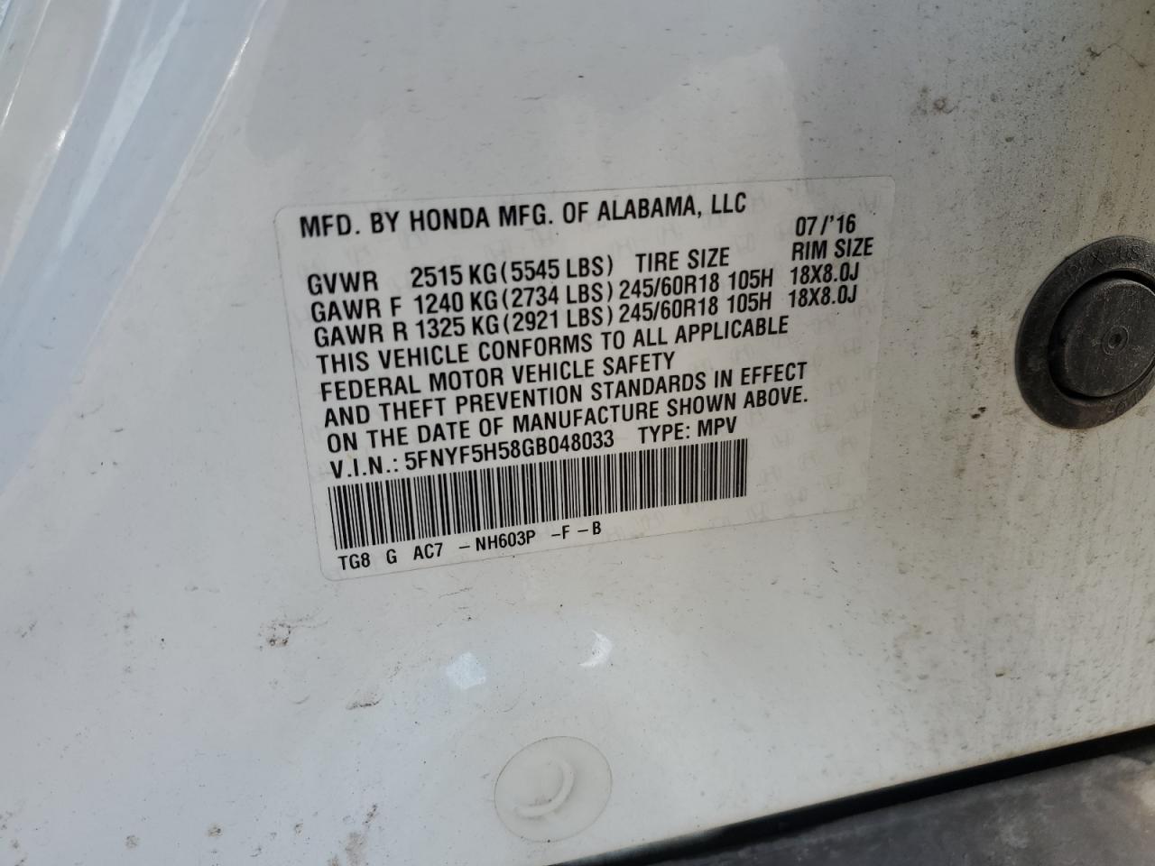 2016 Honda Pilot Exl VIN: 5FNYF5H58GB048033 Lot: 90526585