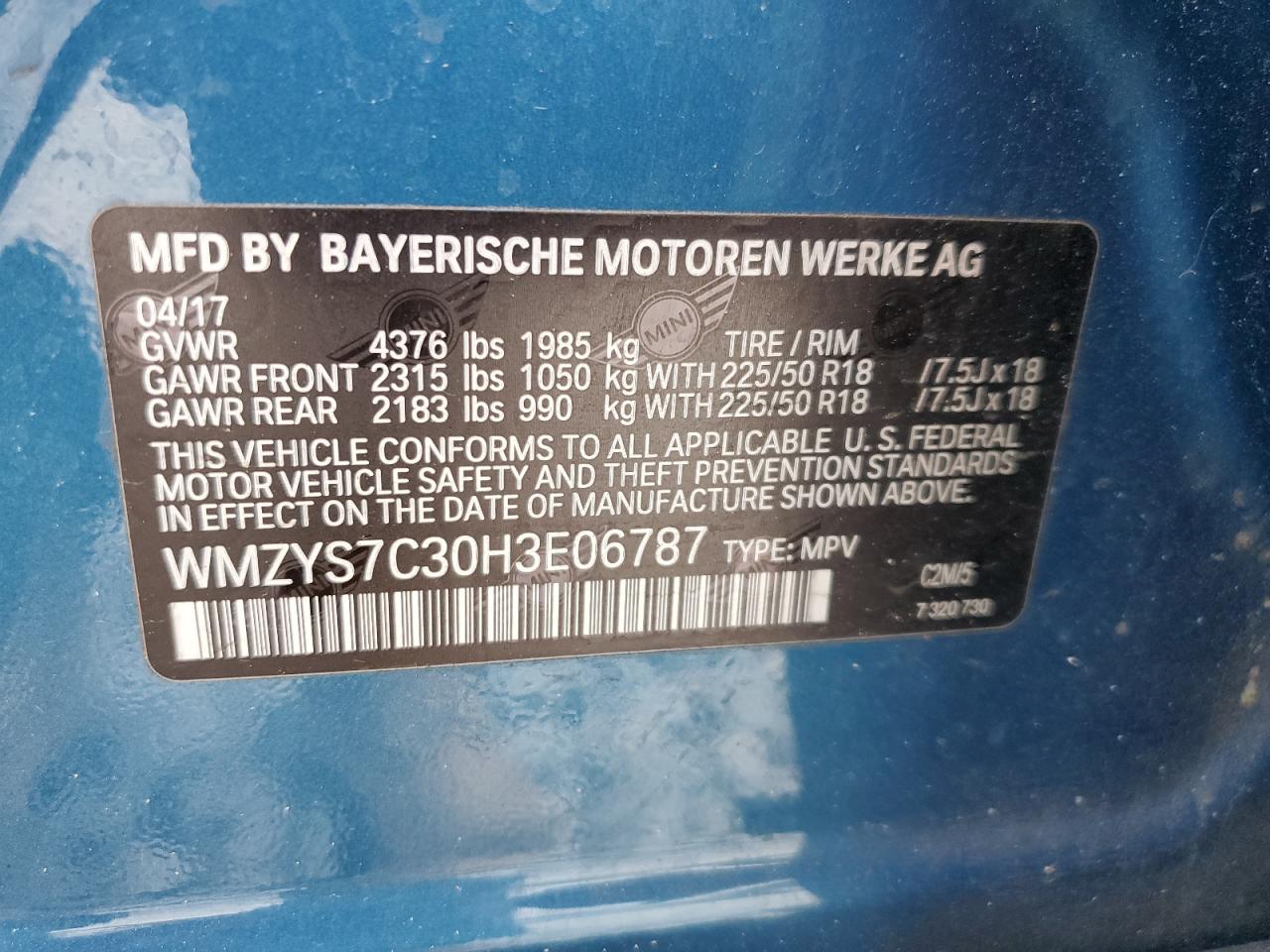 2017 Mini Cooper Countryman VIN: WMZYS7C30H3E06787 Lot: 85822625