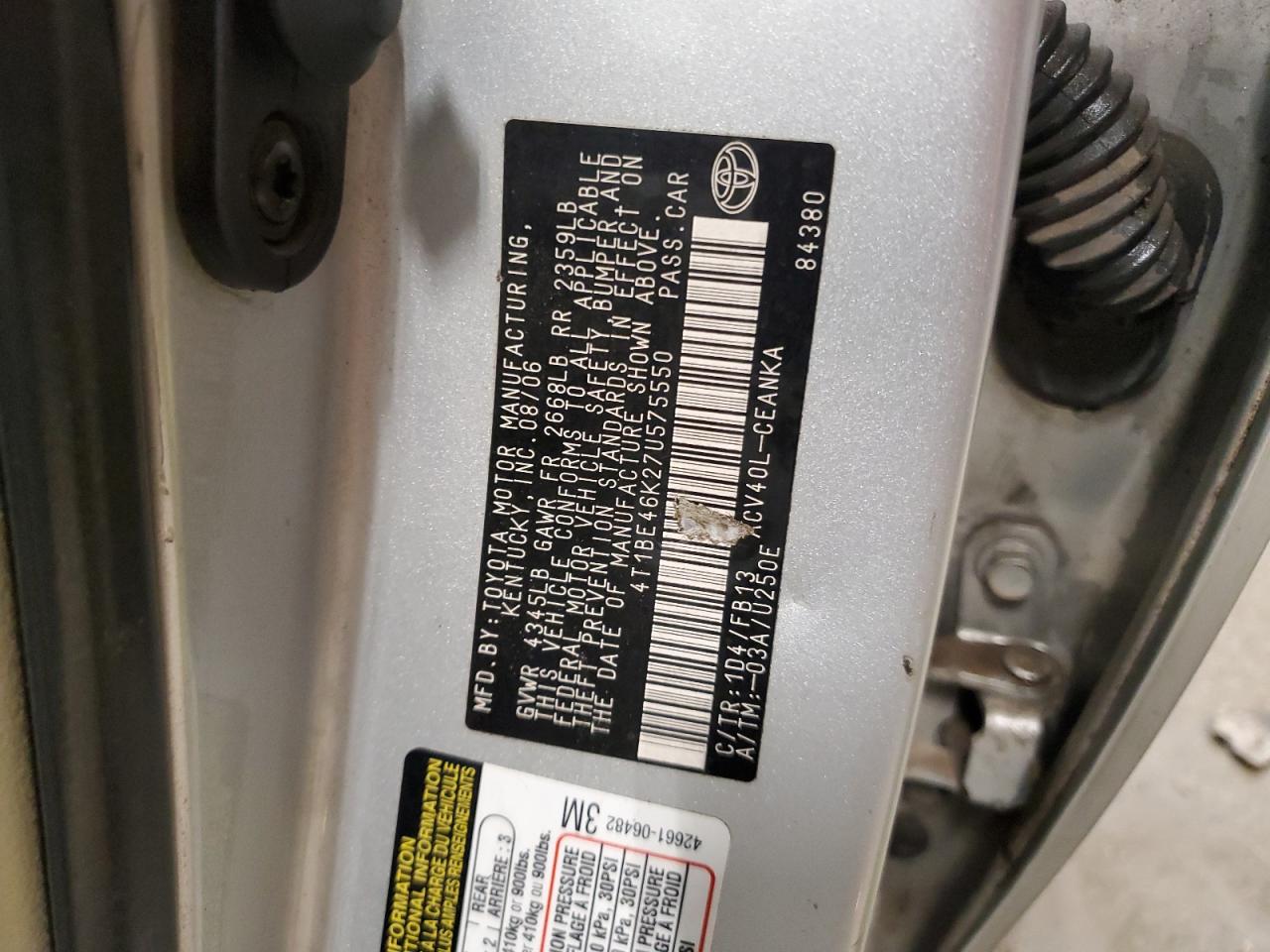 2007 Toyota Camry Ce VIN: 4T1BE46K27U575550 Lot: 85123195