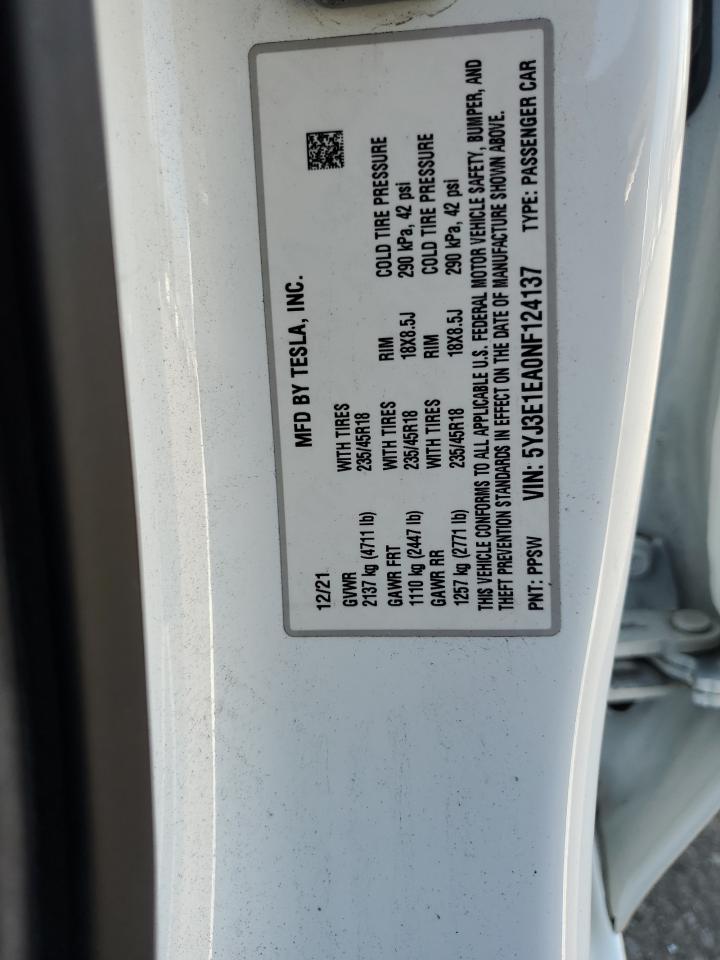 2022 Tesla Model 3 VIN: 5YJ3E1EA0NF124137 Lot: 90728835